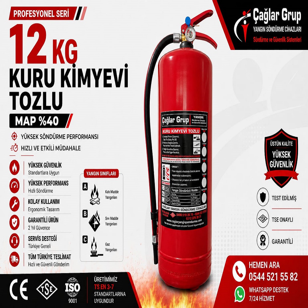 12 kg MAP %40 kuru kimyevi tozlu yangın söndürme tüpü